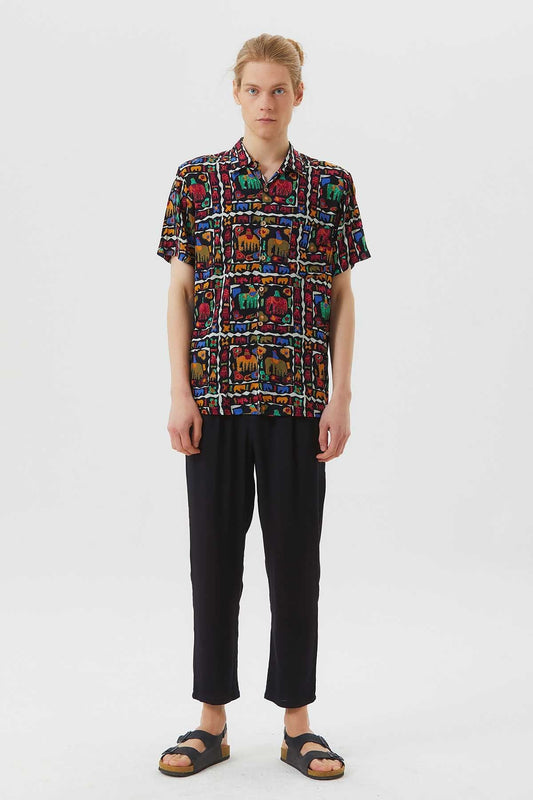 Printed Short Sleeve Men's Shirt Green - Black