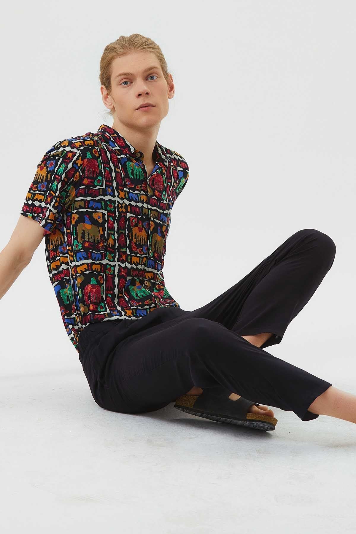 Printed Short Sleeve Men's Shirt Green - Black