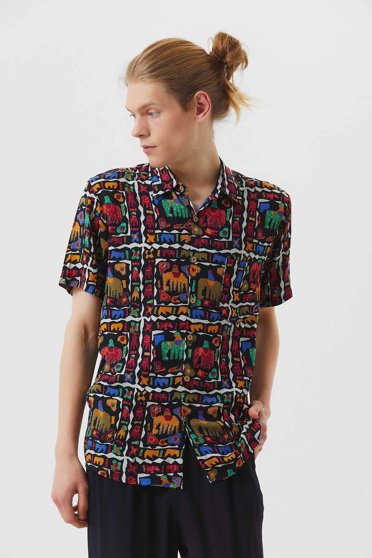 Printed Short Sleeve Men's Shirt Green - Black