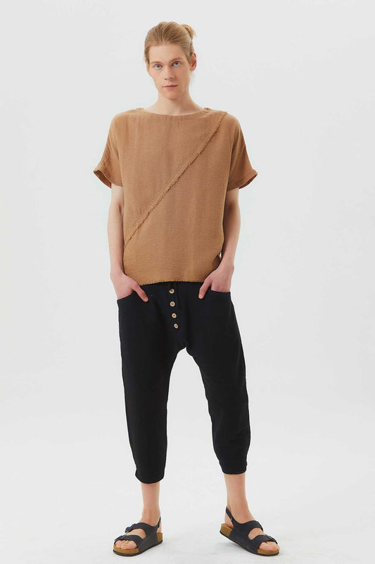 Boat Neck Short Sleeve Booth Men's Shirt Brown