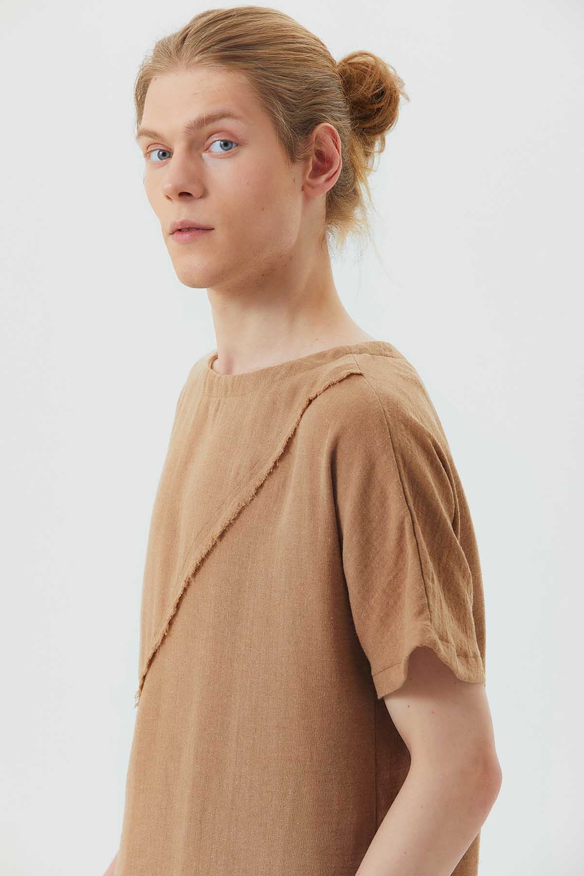 Boat Neck Short Sleeve Booth Men's Shirt Brown