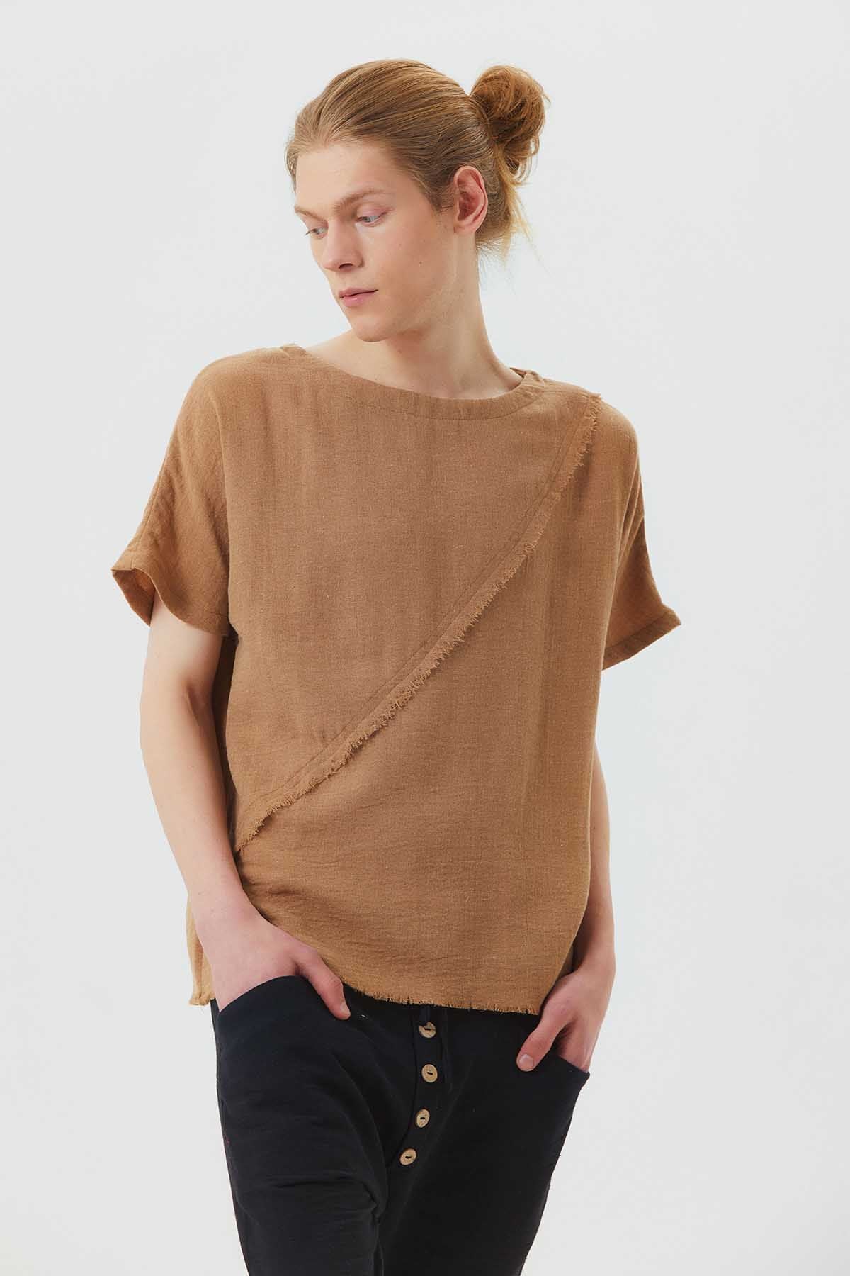 Boat Neck Short Sleeve Booth Men's Shirt Brown