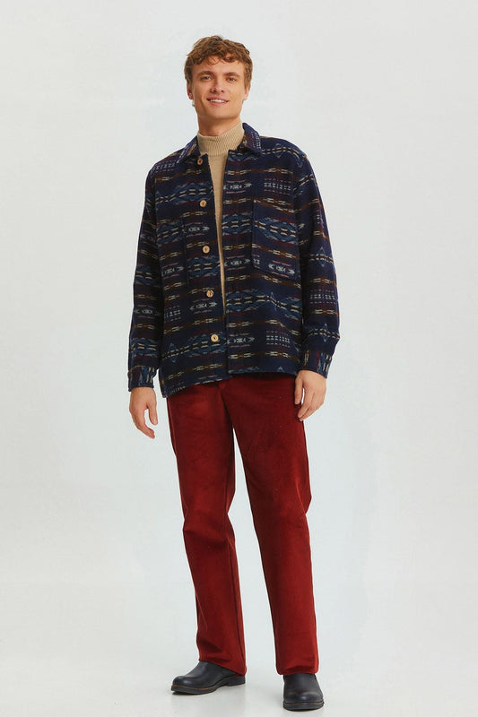 Ethnic Patterned Winter Men's Shirt Dark Blue