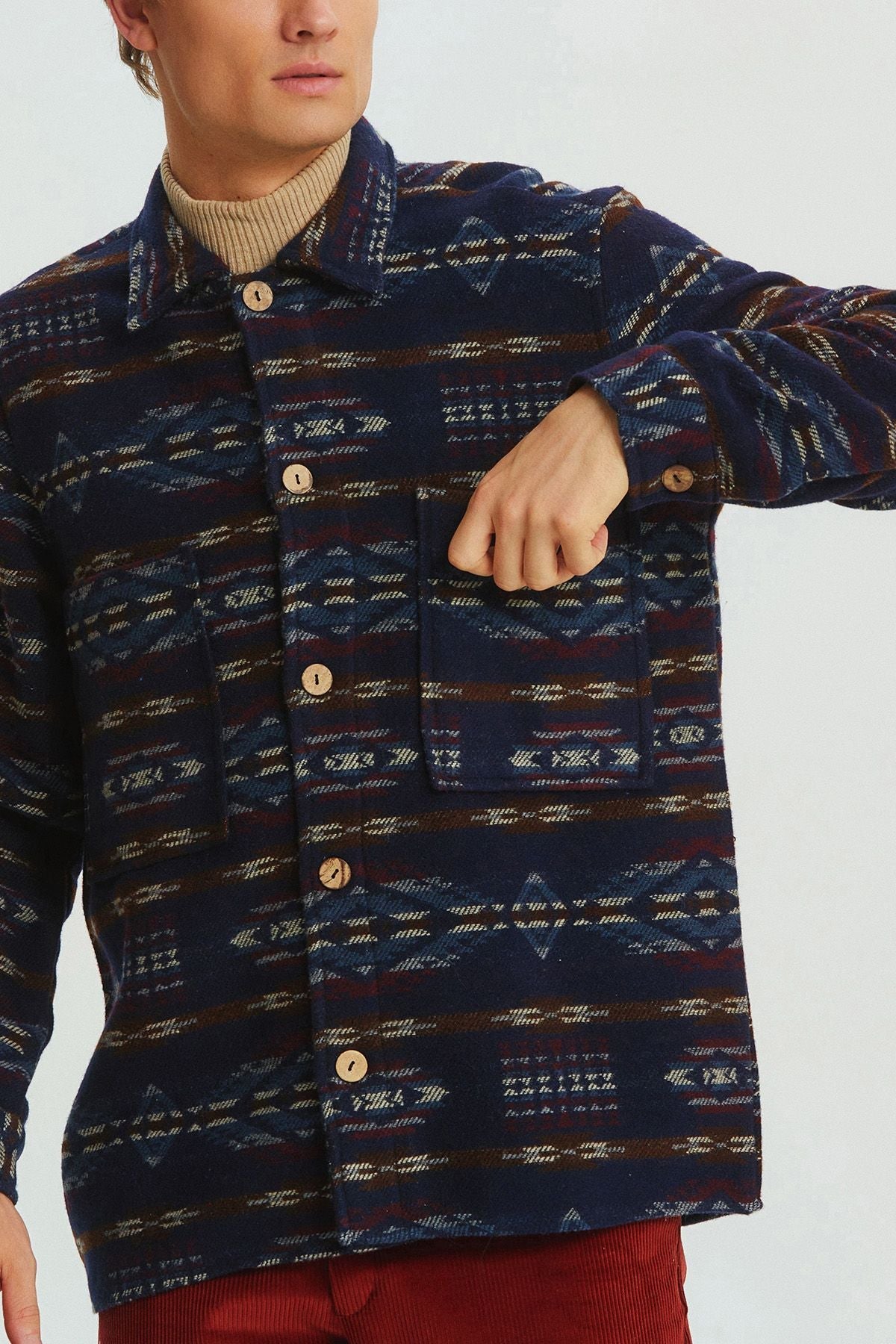 Ethnic Patterned Winter Men's Shirt Dark Blue