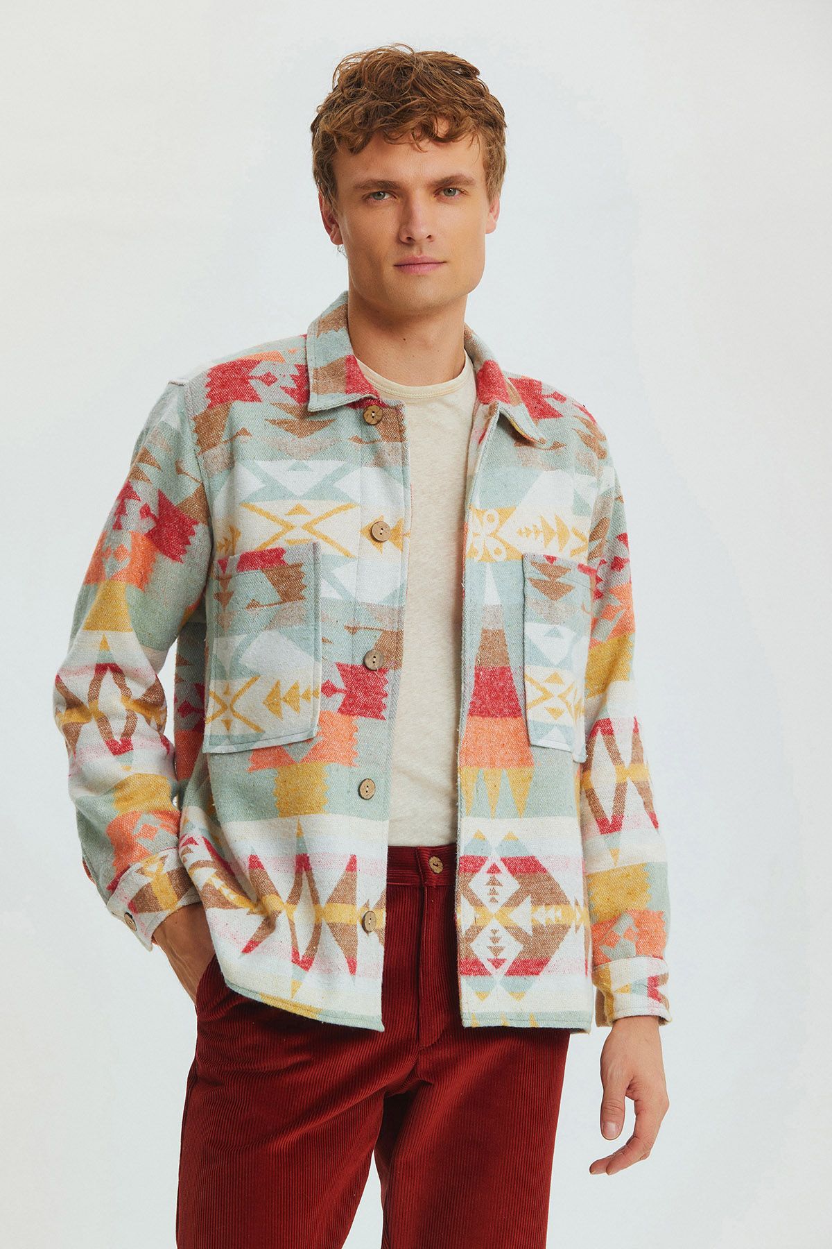Ethnic Patterned Winter Men's Shirt Mustard