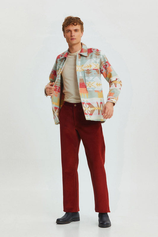 Ethnic Patterned Winter Men's Shirt Mustard