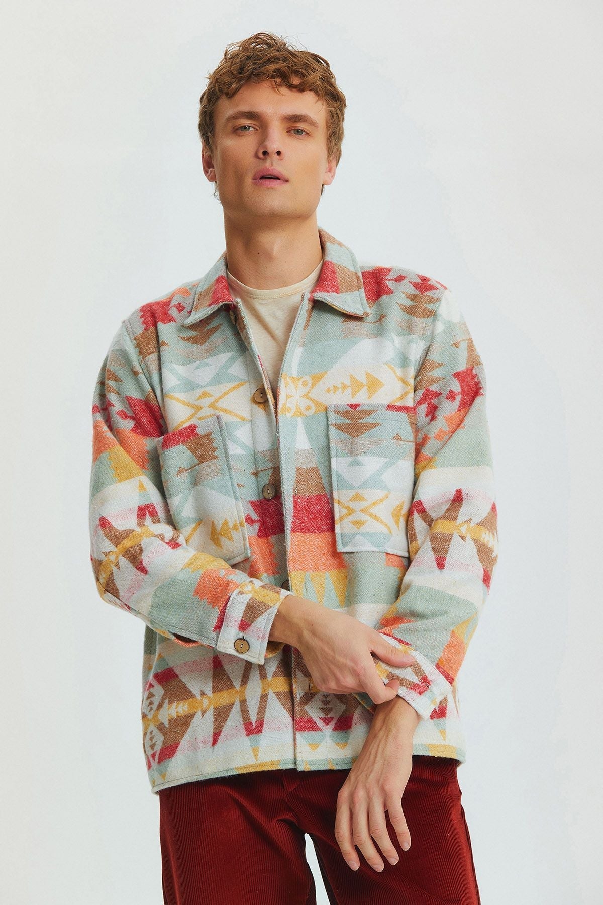 Ethnic Patterned Winter Men's Shirt Mustard