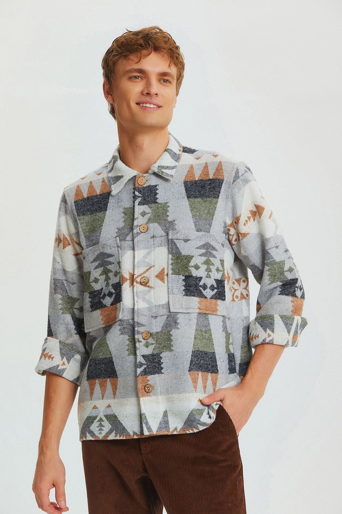 Ethnic Patterned Winter Men's Shirt Brown