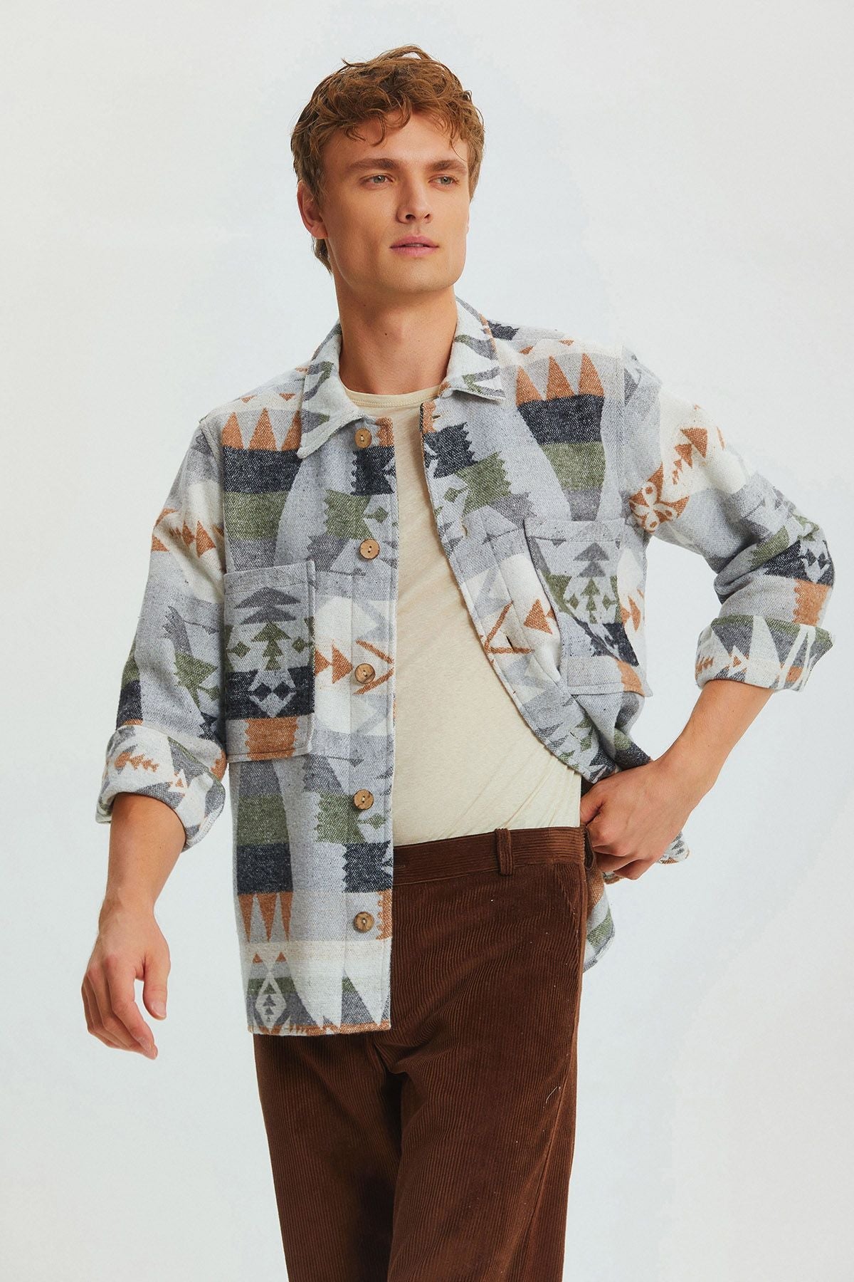 Ethnic Patterned Winter Men's Shirt Brown