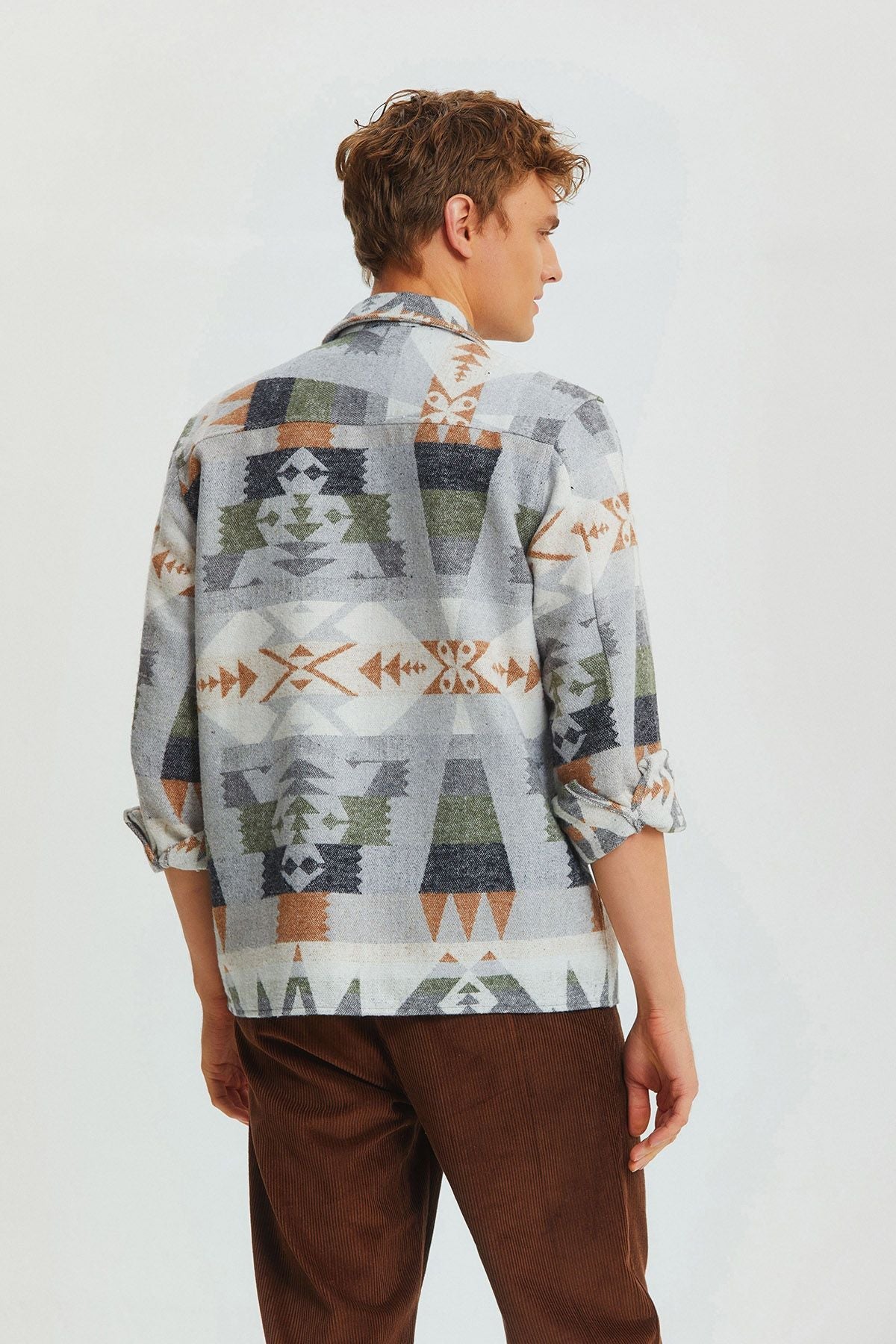 Ethnic Patterned Winter Men's Shirt Brown