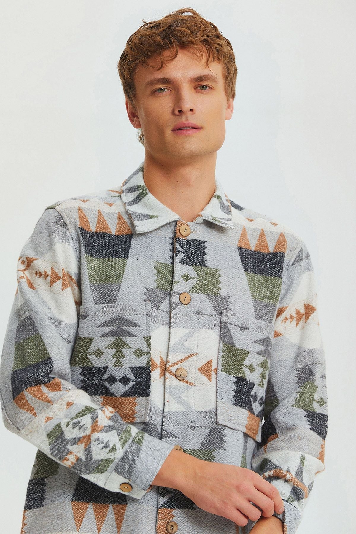 Ethnic Patterned Winter Men's Shirt Brown