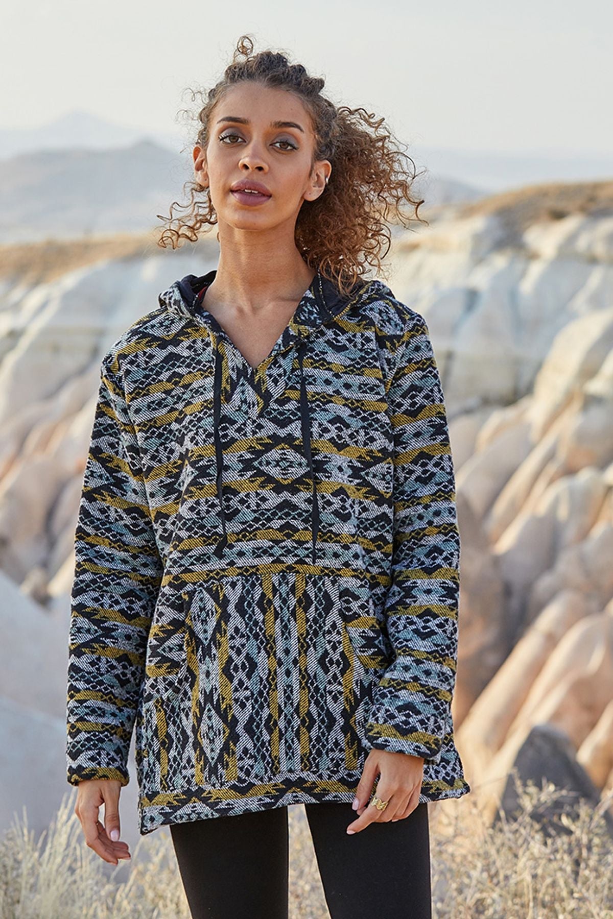 Ethnic Patterned Pullover for Women Yellow - Gray