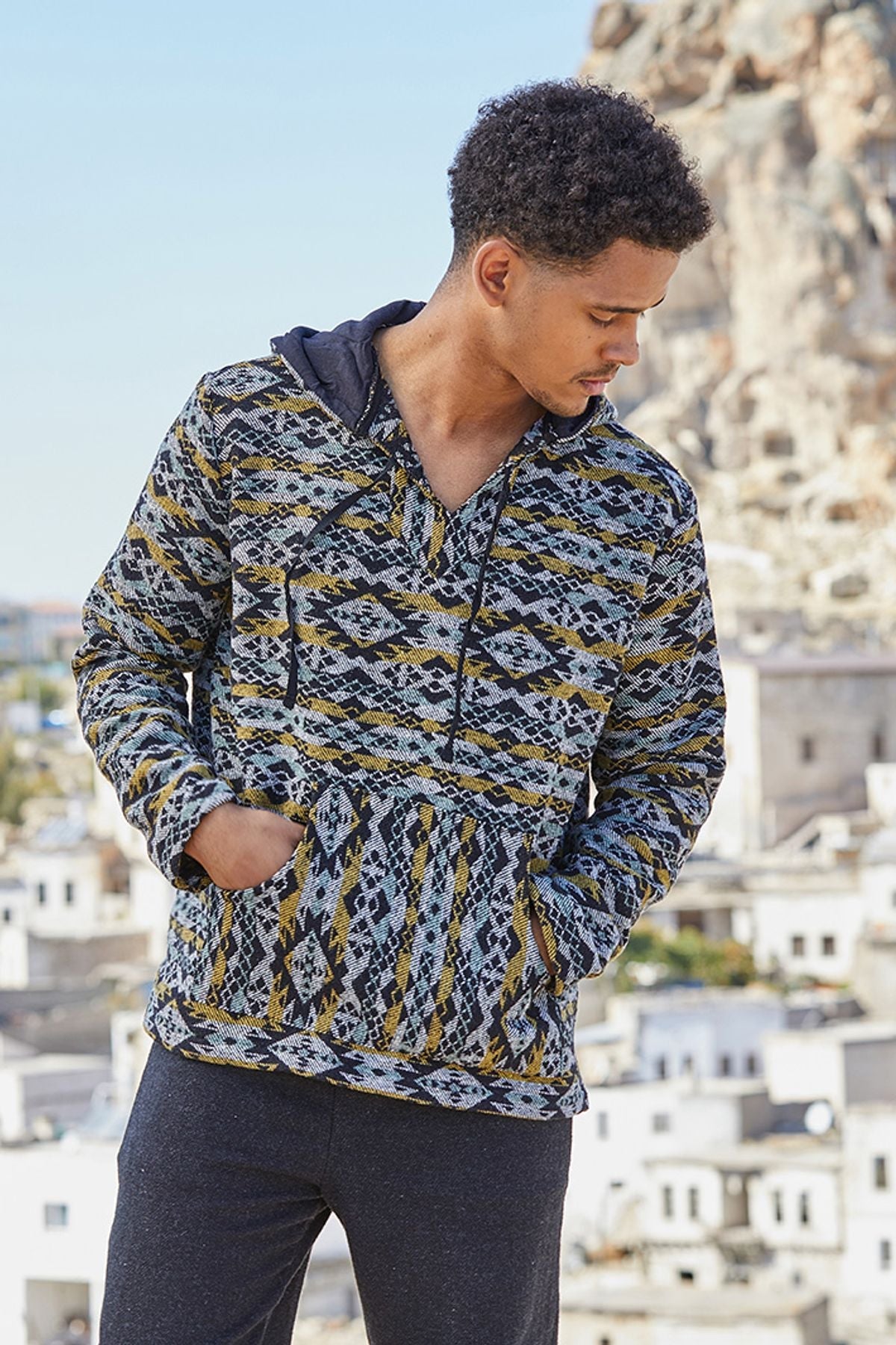 Ethnic Patterned Pullover for Women Yellow - Gray