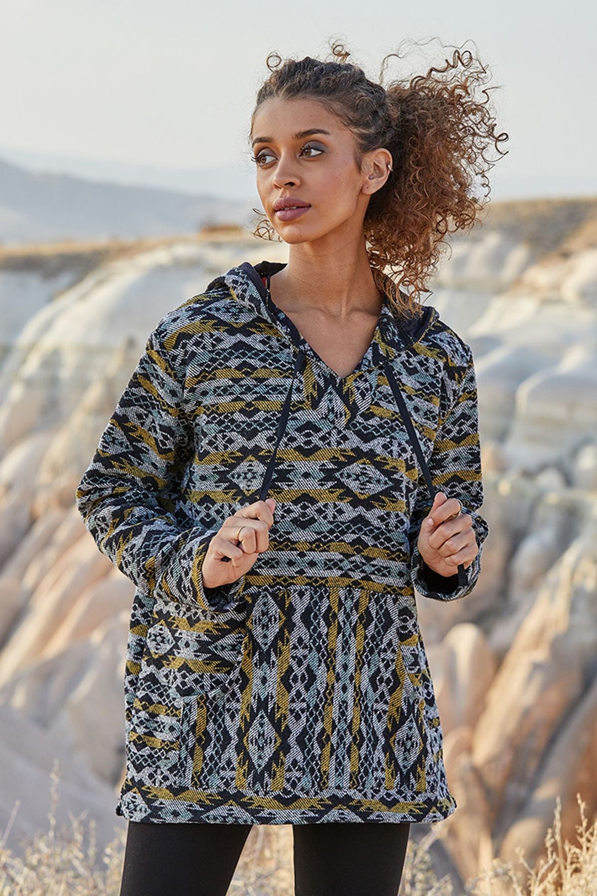 Ethnic Patterned Pullover for Women Yellow - Gray