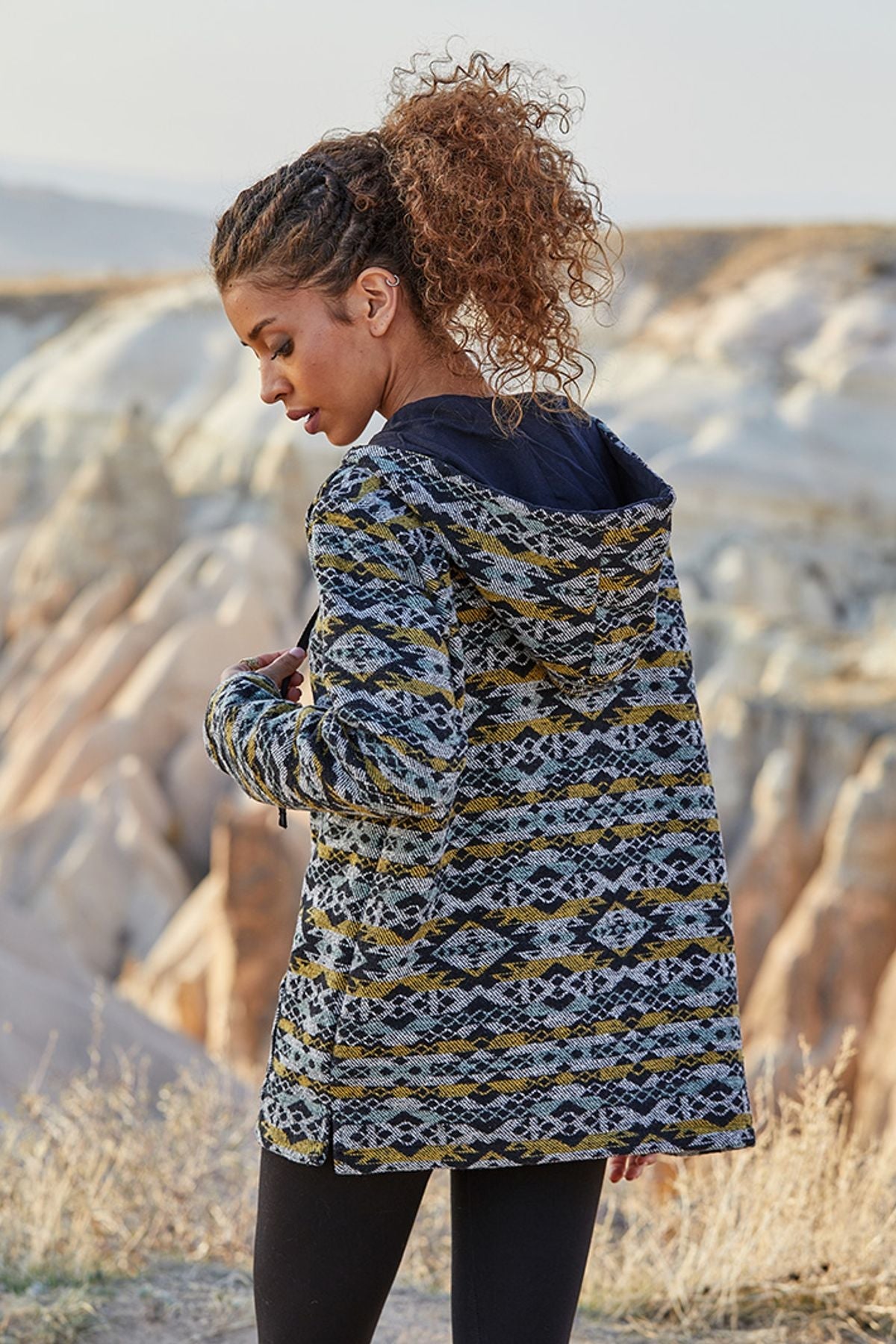 Ethnic Patterned Pullover for Women Yellow - Gray
