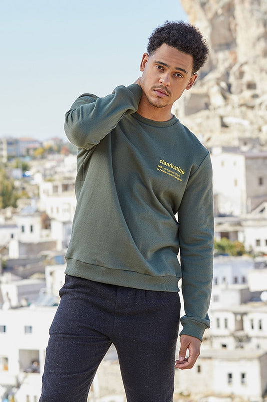 Pullover for Men with Clandestino Print Khaki