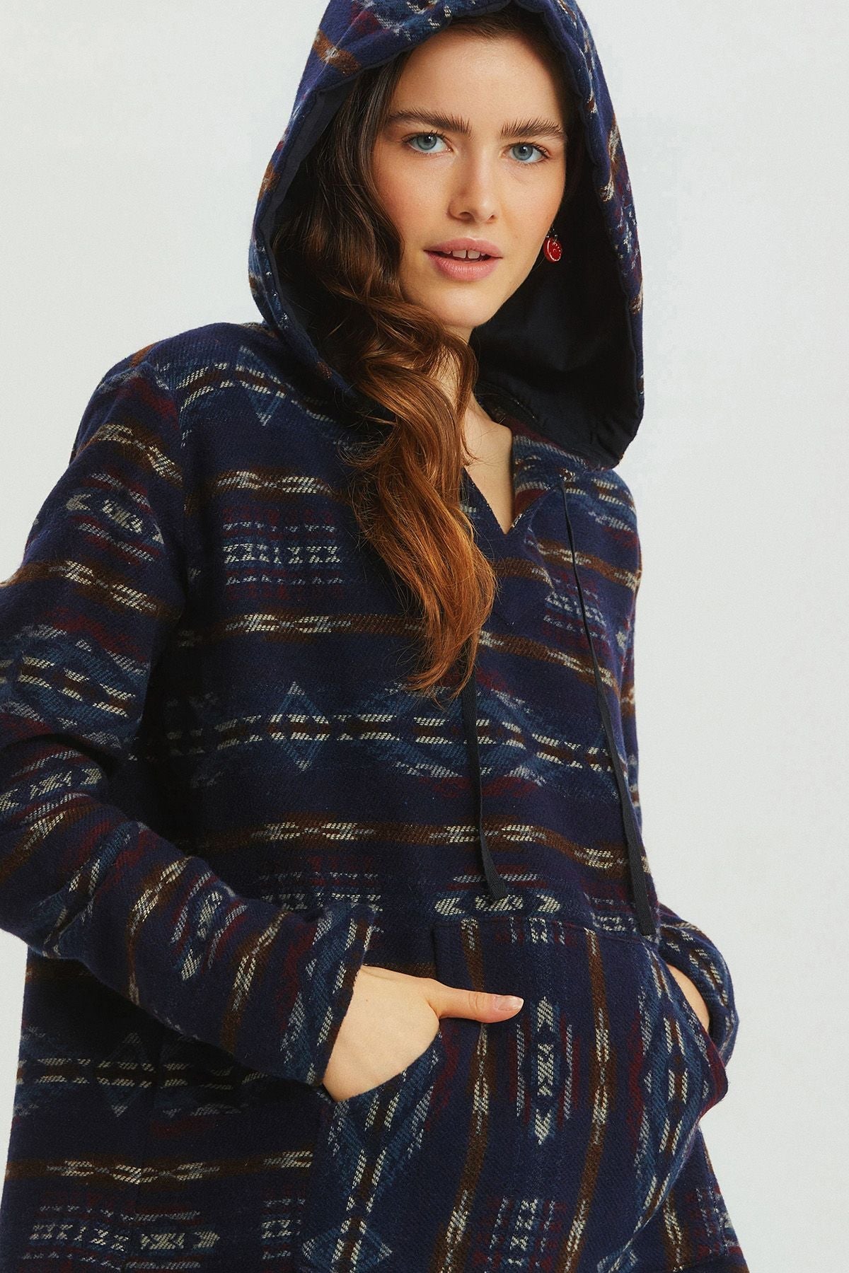 Ethnic Patterned Striped Unisex Pullover Dark Blue