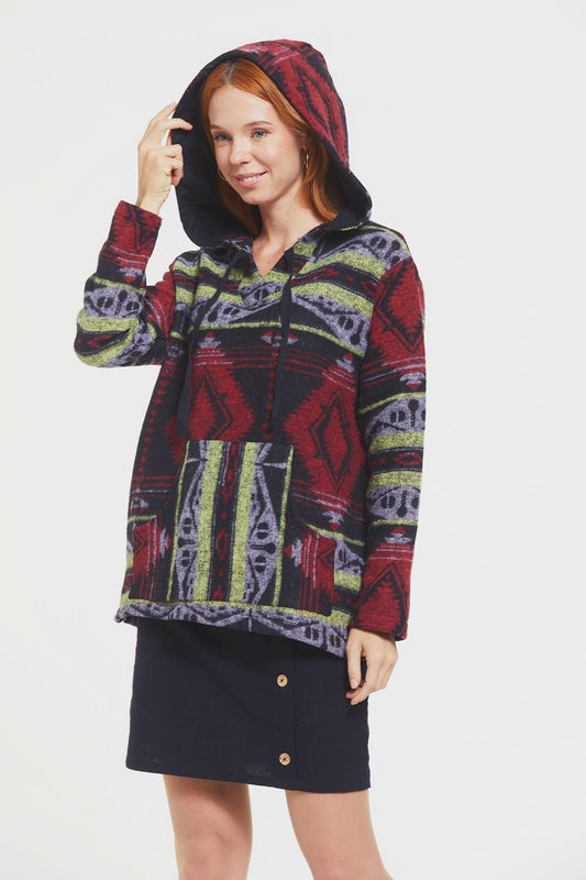 Ethnic Patterned Striped Unisex Pullover Dark Red