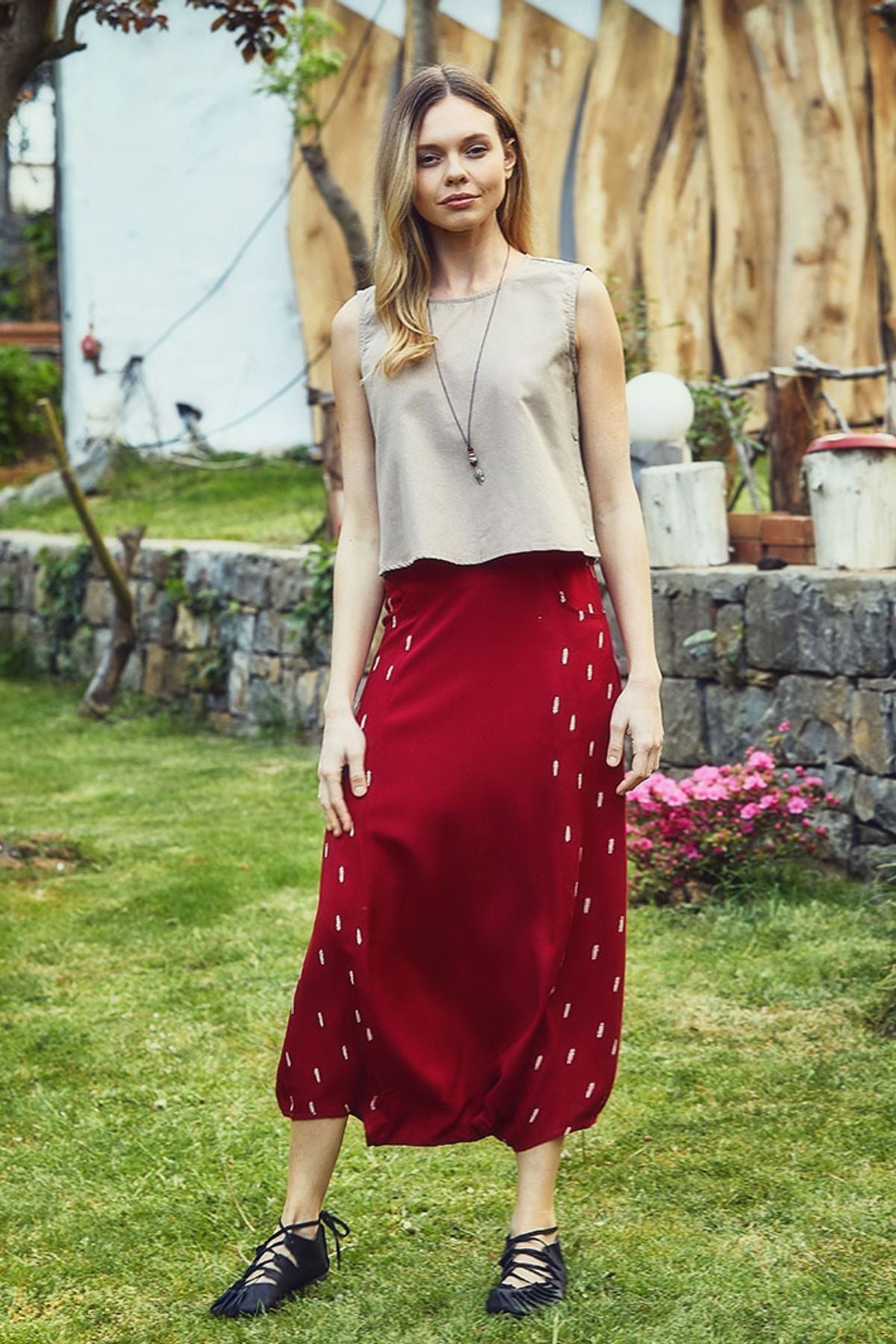 Patched Boho Harem Pants Red