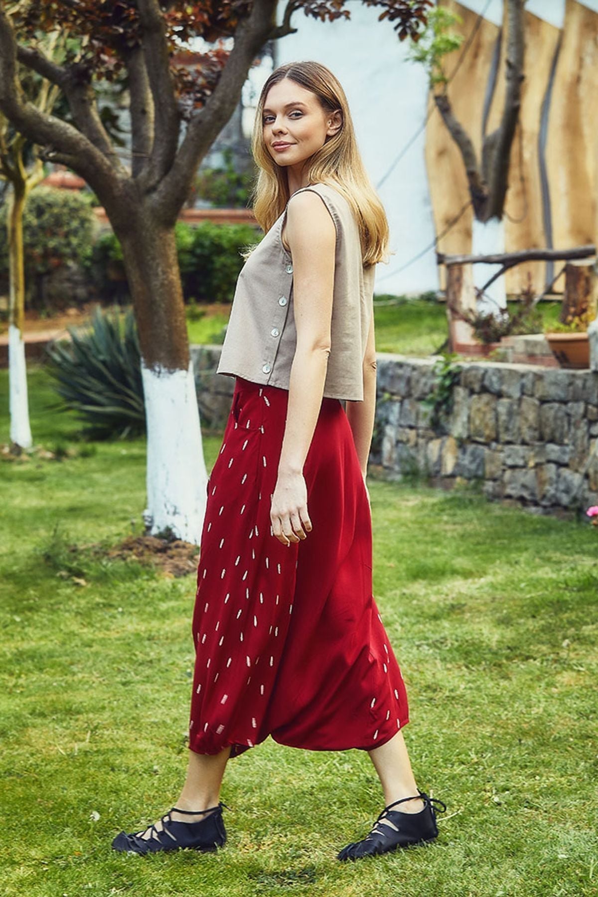 Patched Boho Harem Pants Red