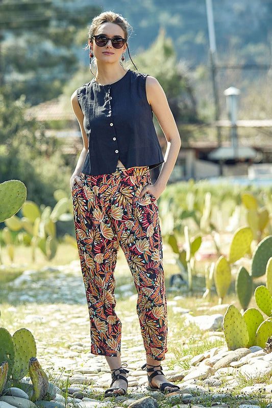 Printed High Waist Women's Carrot Pants Black