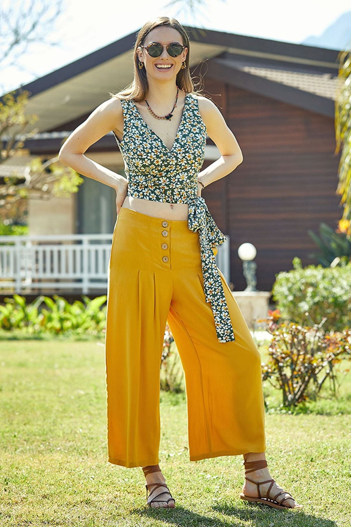 Pleated Culottes for Women Yellow