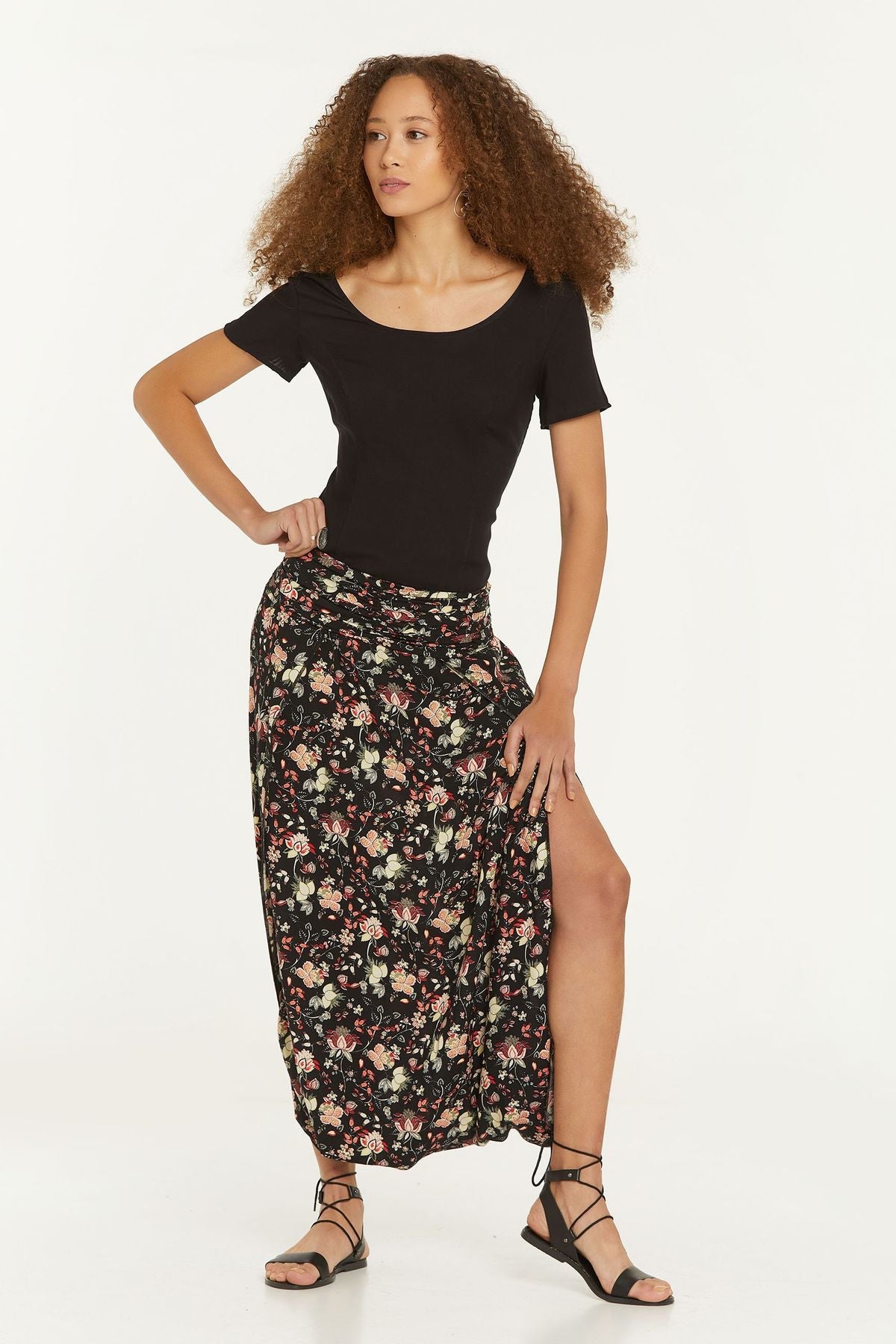 Elastic Waist Oriental Print Skirt Pants Black