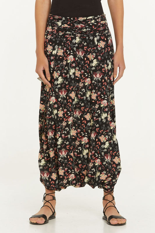 Elastic Waist Oriental Print Skirt Pants Black