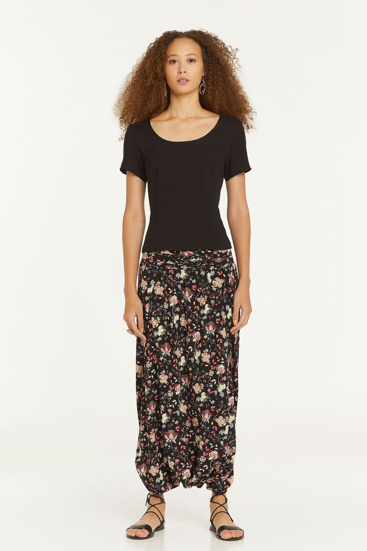Elastic Waist Oriental Print Skirt Pants Black