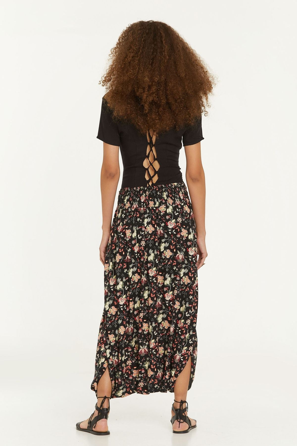 Elastic Waist Oriental Print Skirt Pants Black