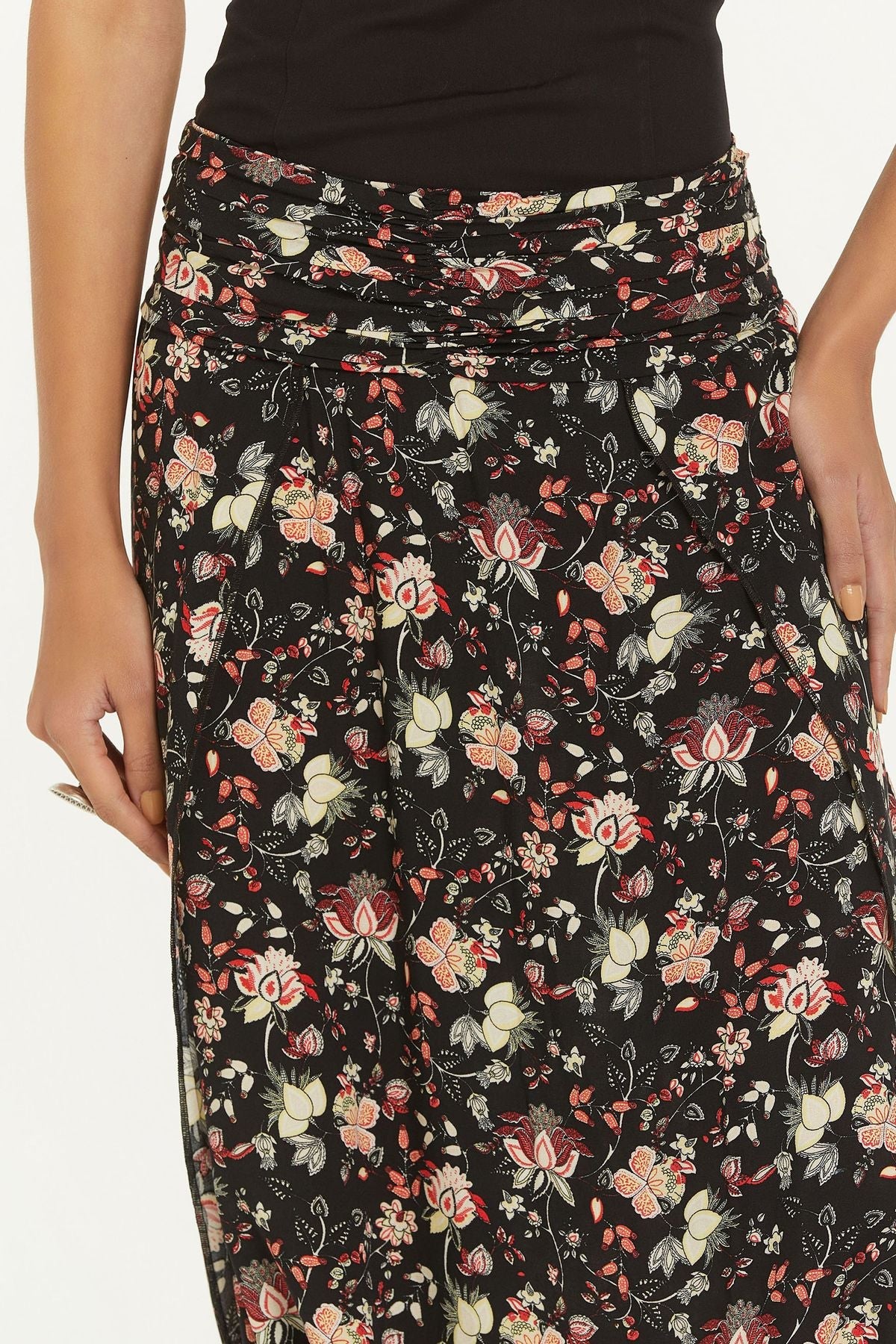Elastic Waist Oriental Print Skirt Pants Black