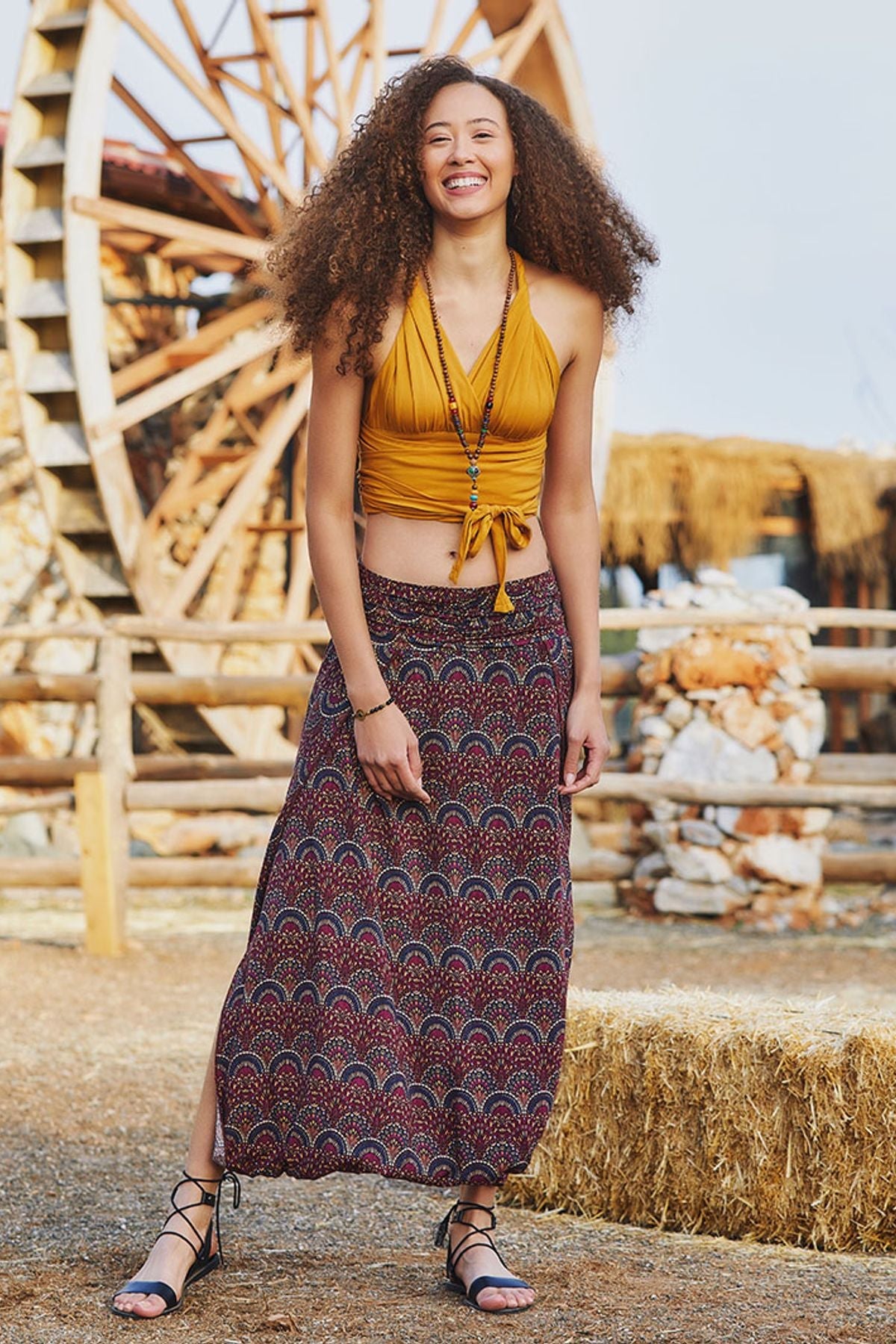 Elastic Waist Oriental Print Skirt Pants Purple