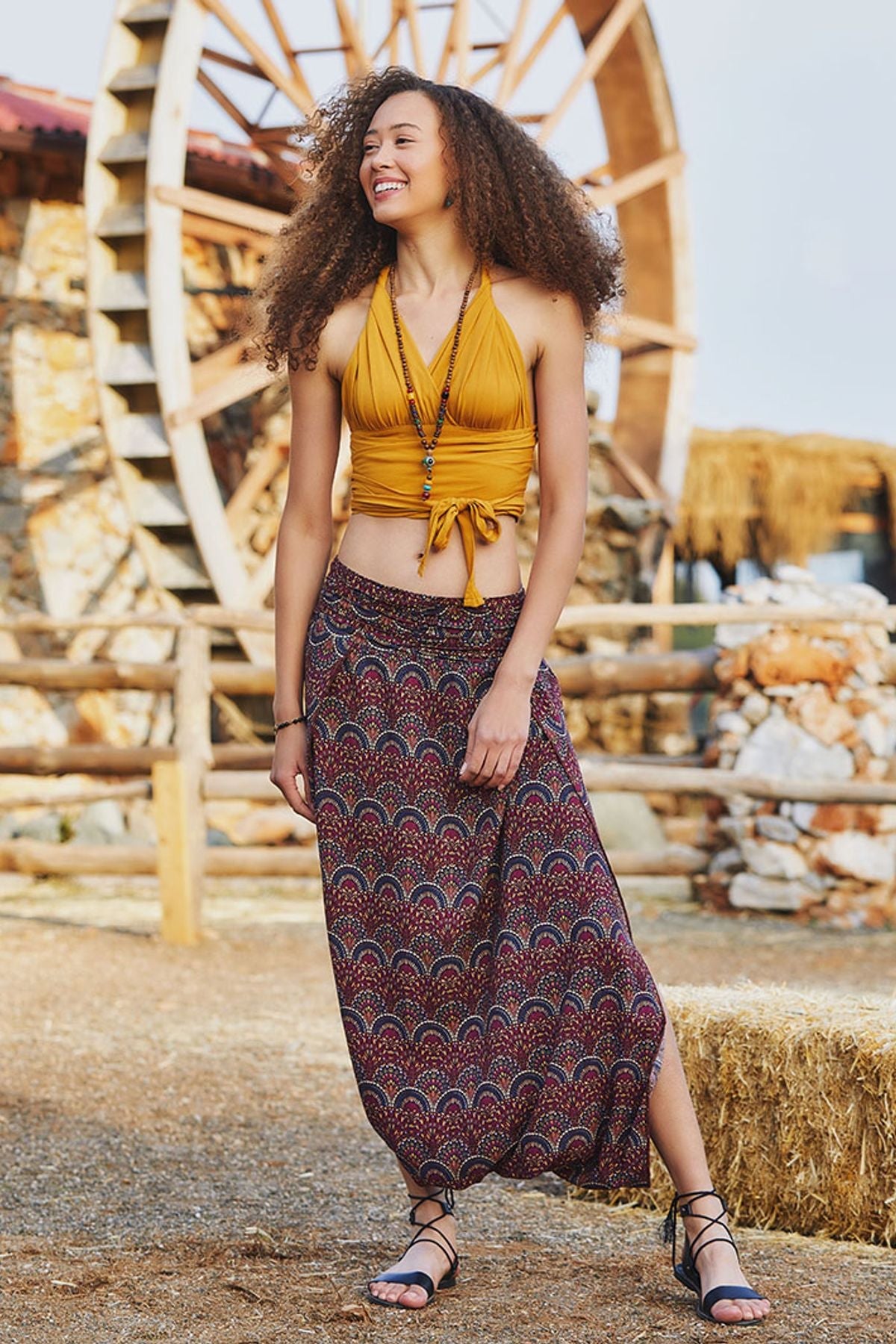 Elastic Waist Oriental Print Skirt Pants Purple