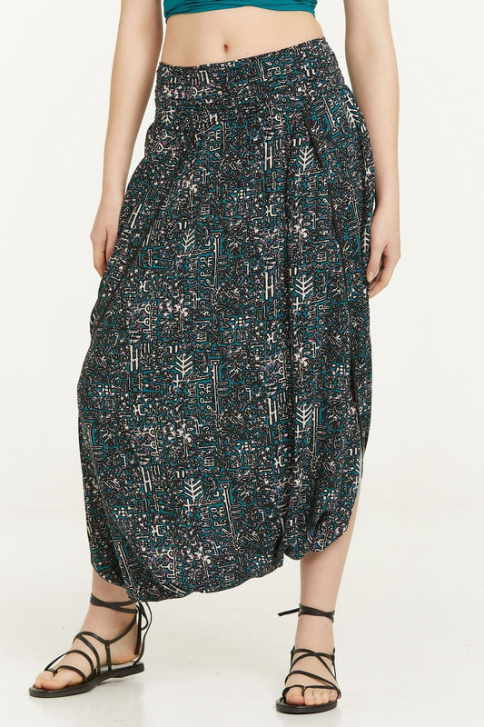 Elastic Waist Oriental Print Skirt Pants Turquoise