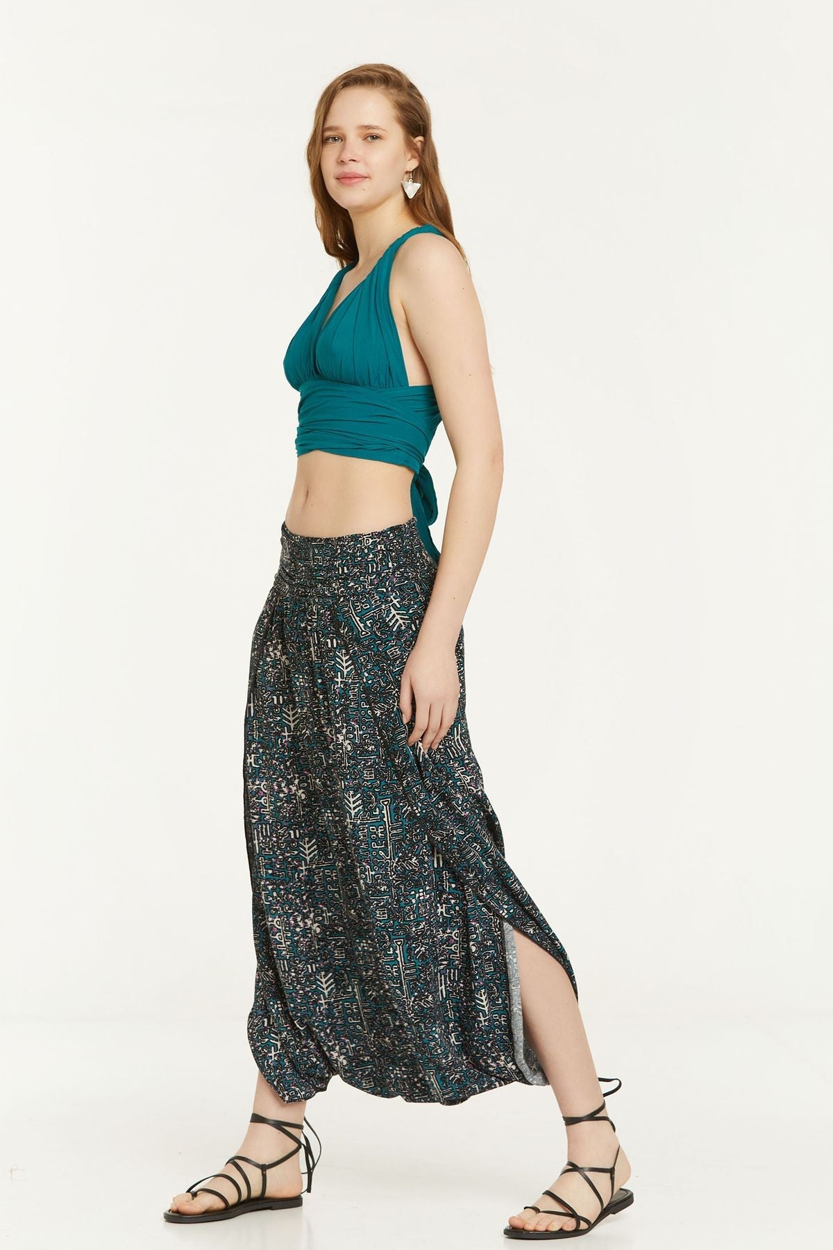 Elastic Waist Oriental Print Skirt Pants Turquoise