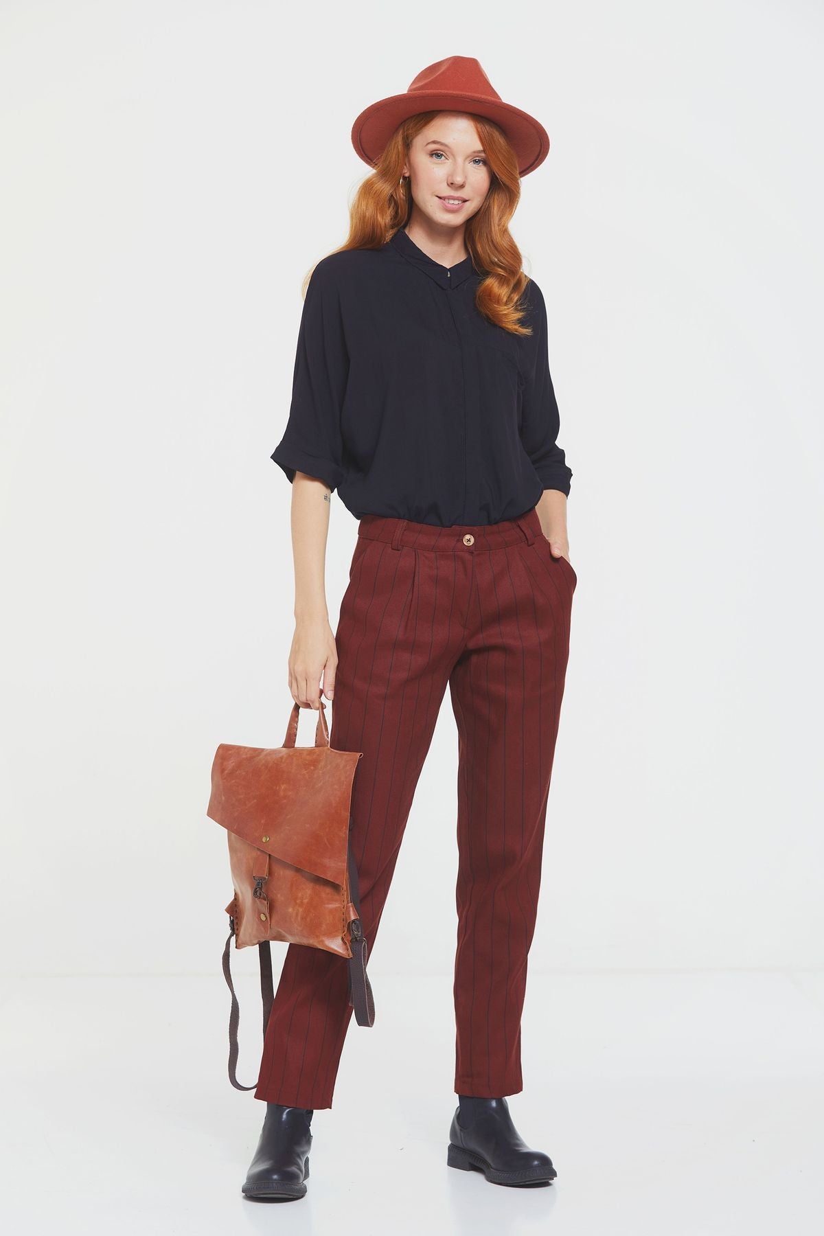 Women's Striped Cotton Pants Burnt Orange