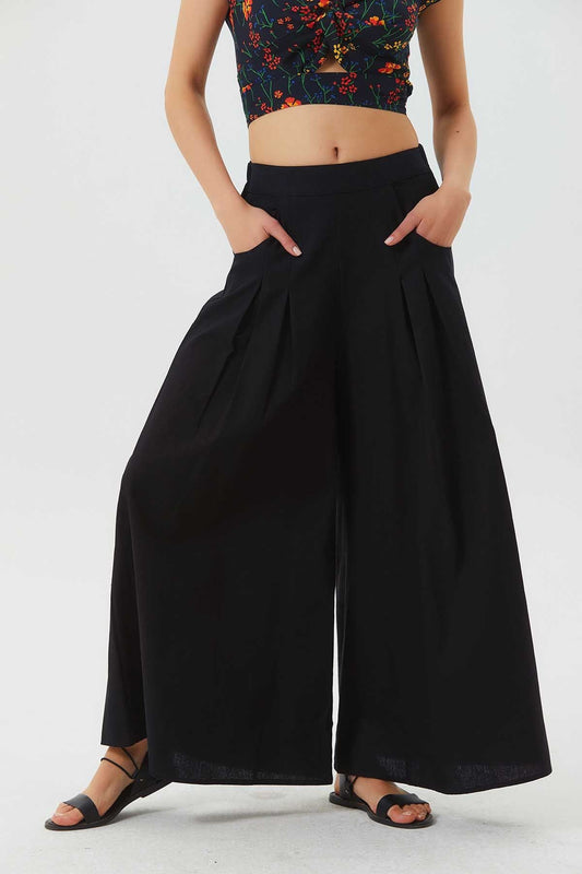 Bohemian Cotton Summer Pants with Elastic Waist Black
