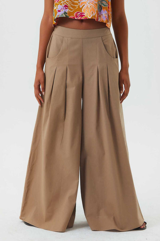 Bohemian Cotton Summer Pants with Elastic Waist Beige