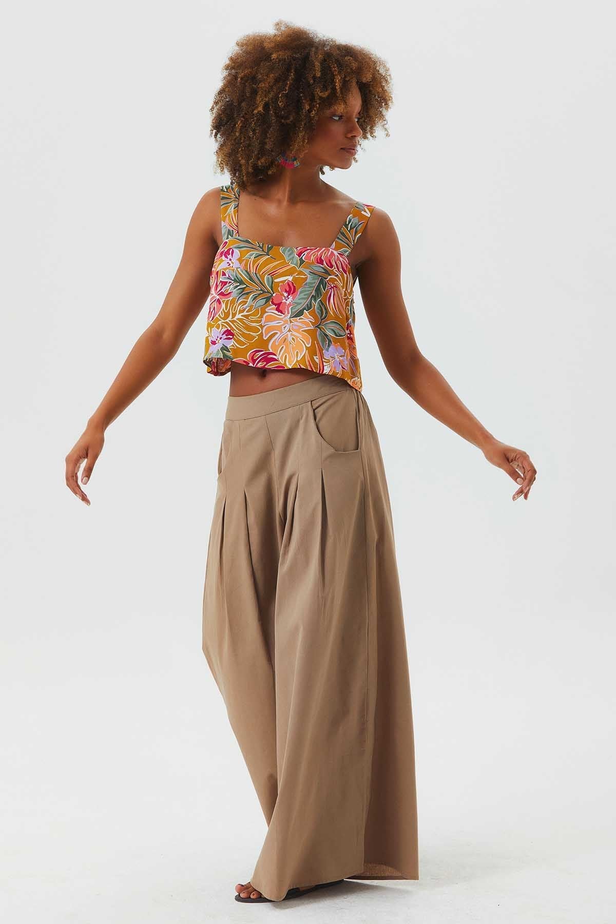 Bohemian Cotton Summer Pants with Elastic Waist Beige