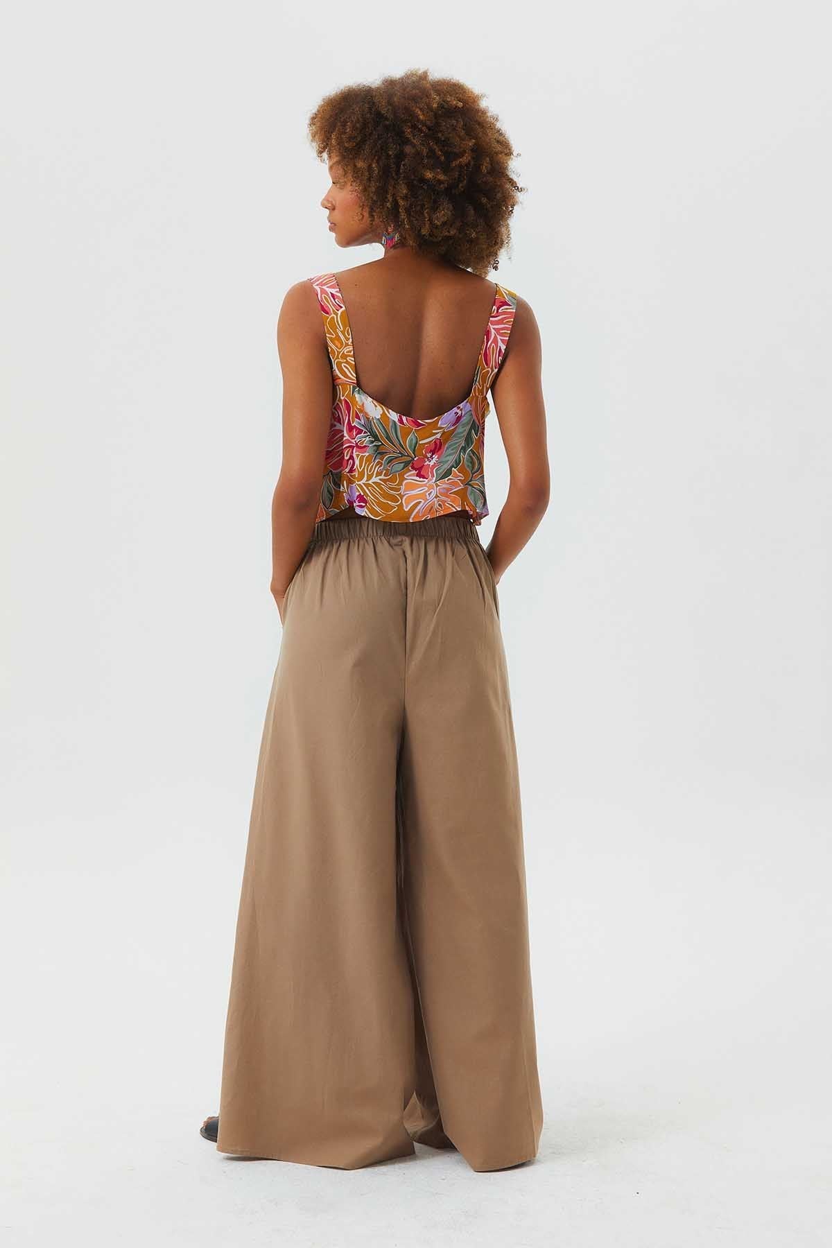 Bohemian Cotton Summer Pants with Elastic Waist Beige