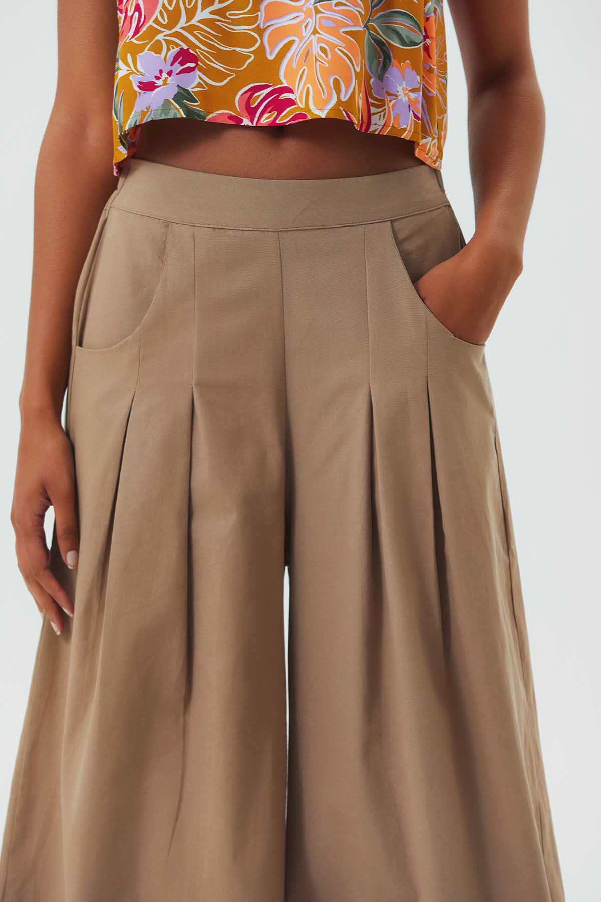 Bohemian Cotton Summer Pants with Elastic Waist Beige