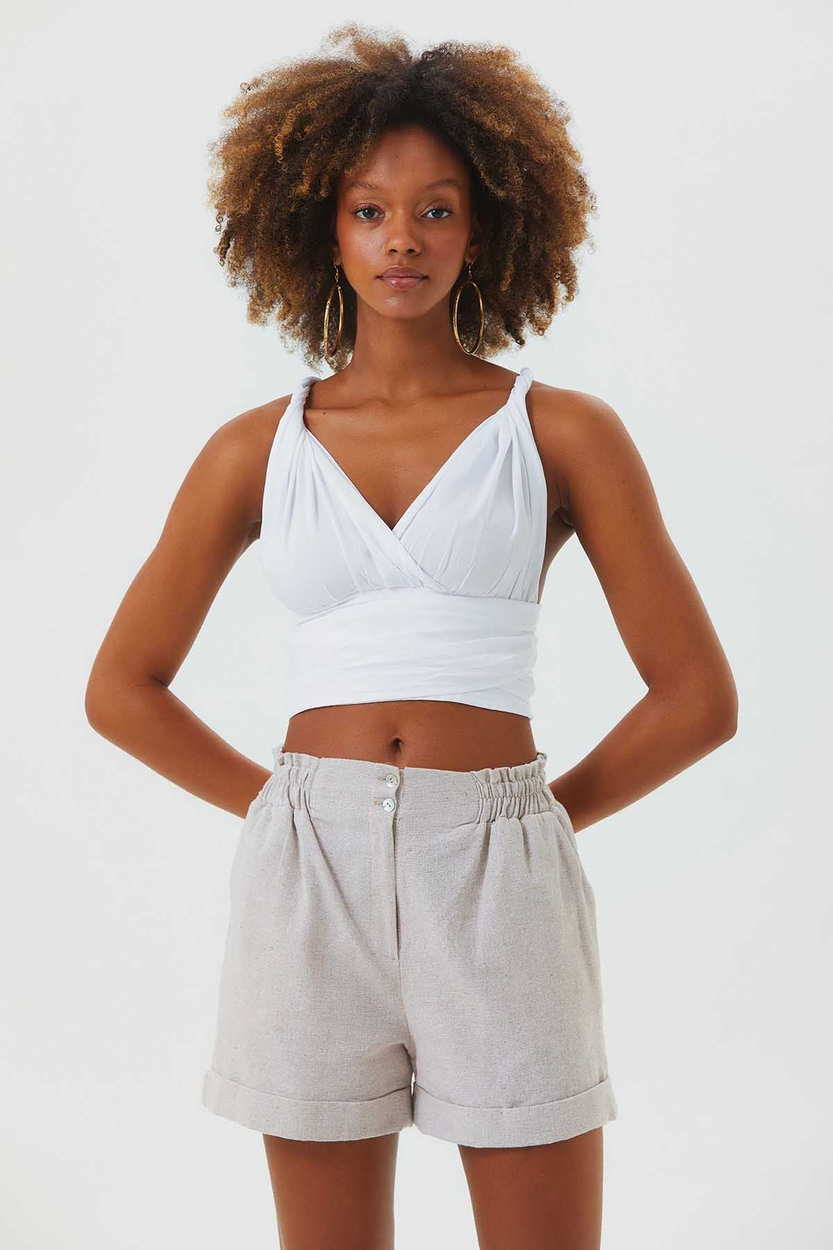 Elastic Side Cotton Women's Shorts Beige