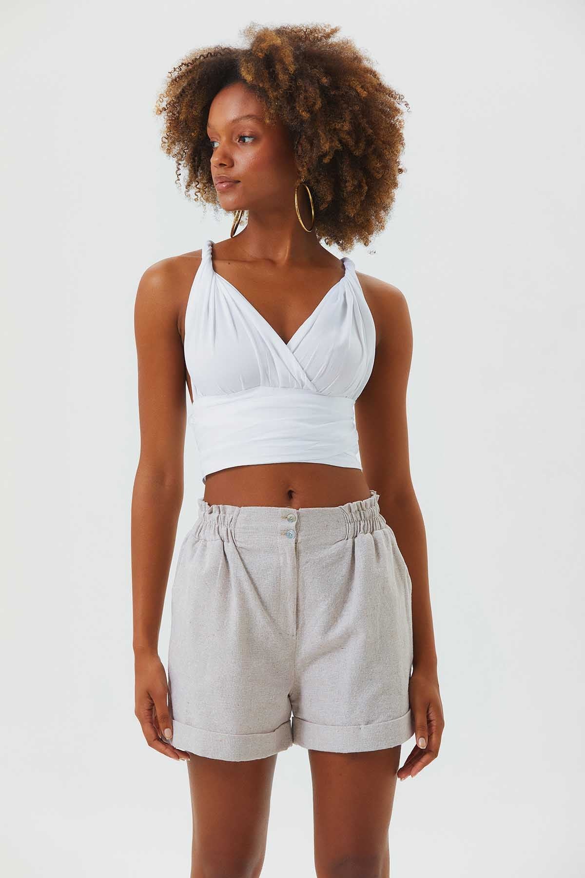 Elastic Side Cotton Women's Shorts Beige