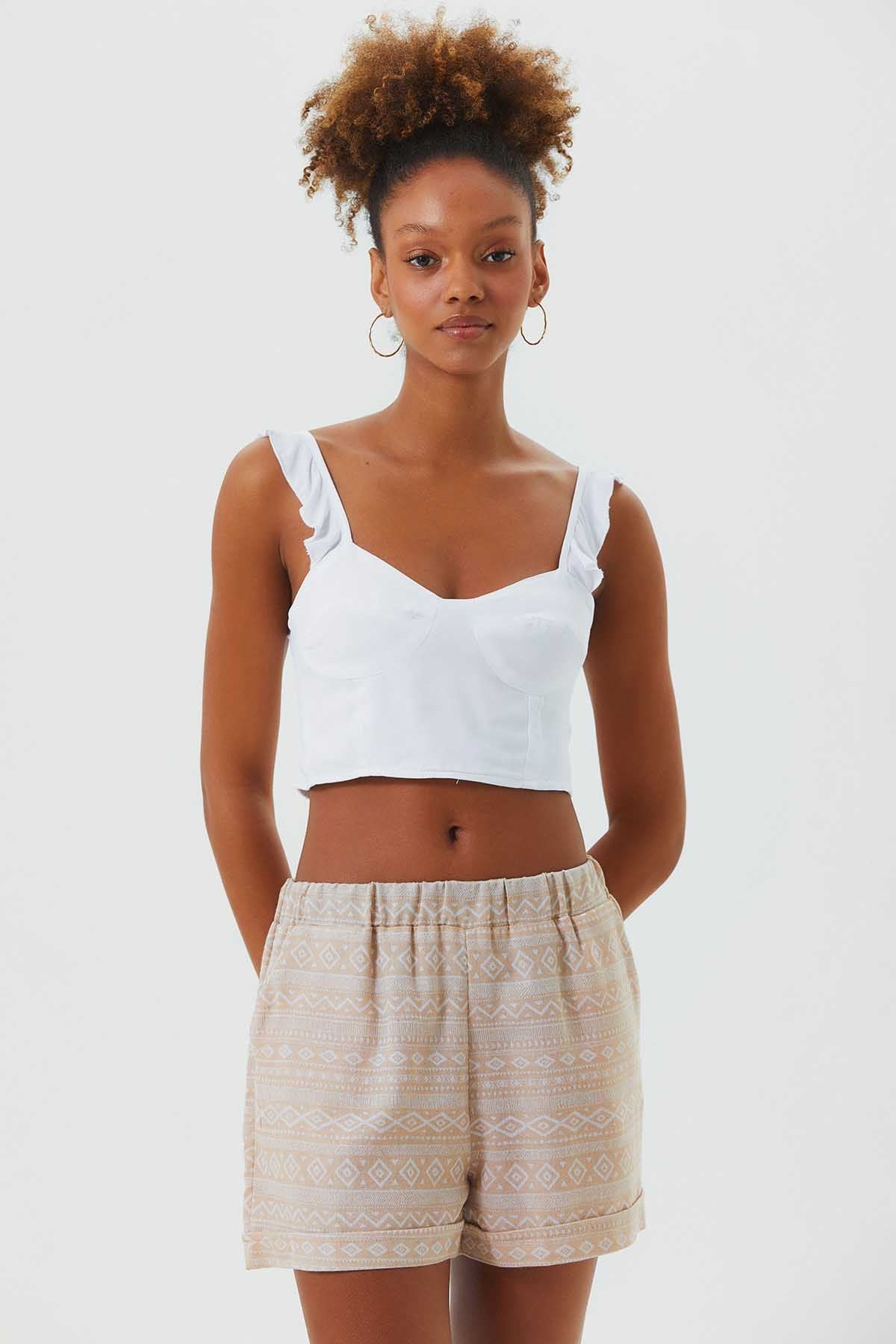 Elastic Waist Ethnic Women's Shorts Beige