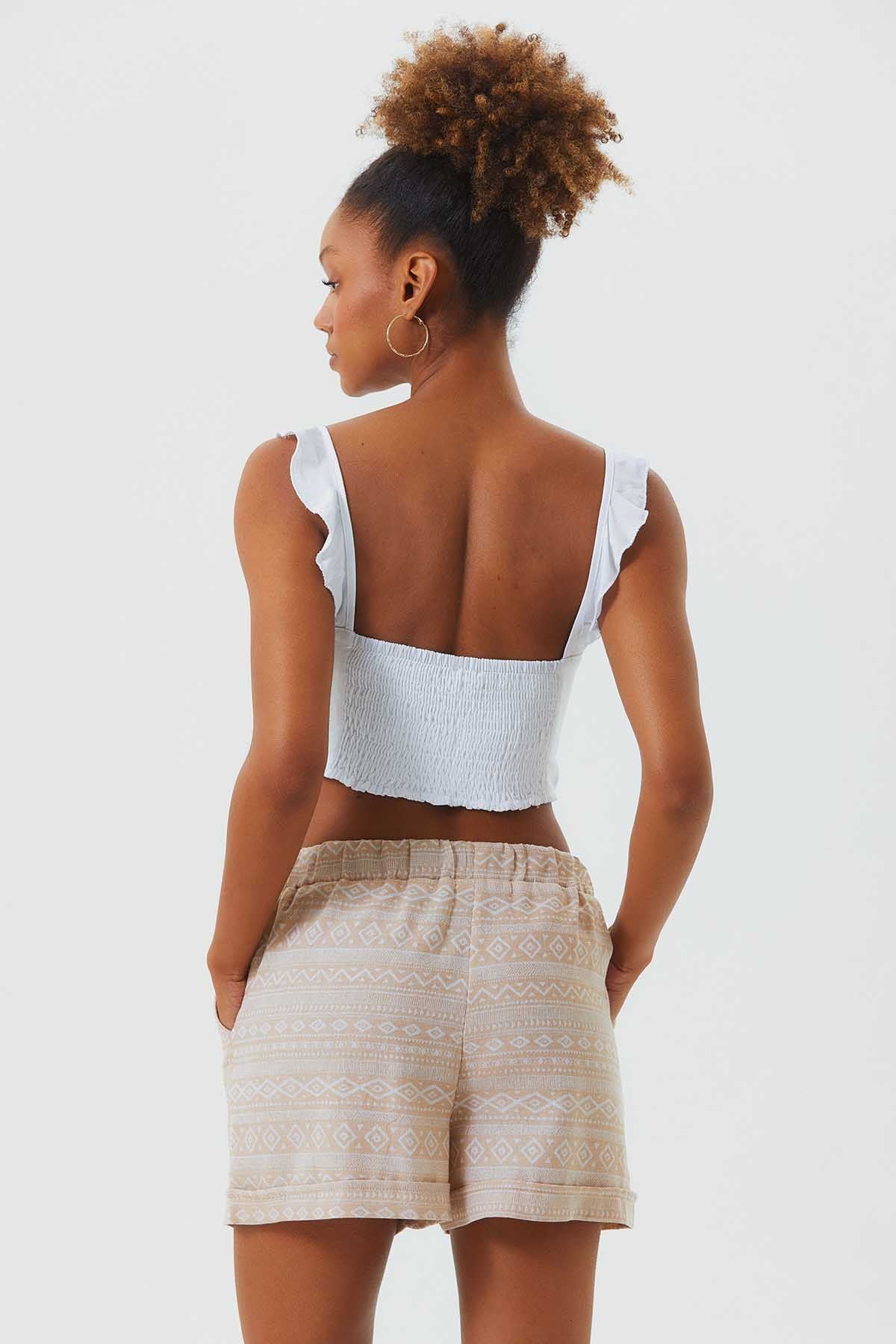 Elastic Waist Ethnic Women's Shorts Beige