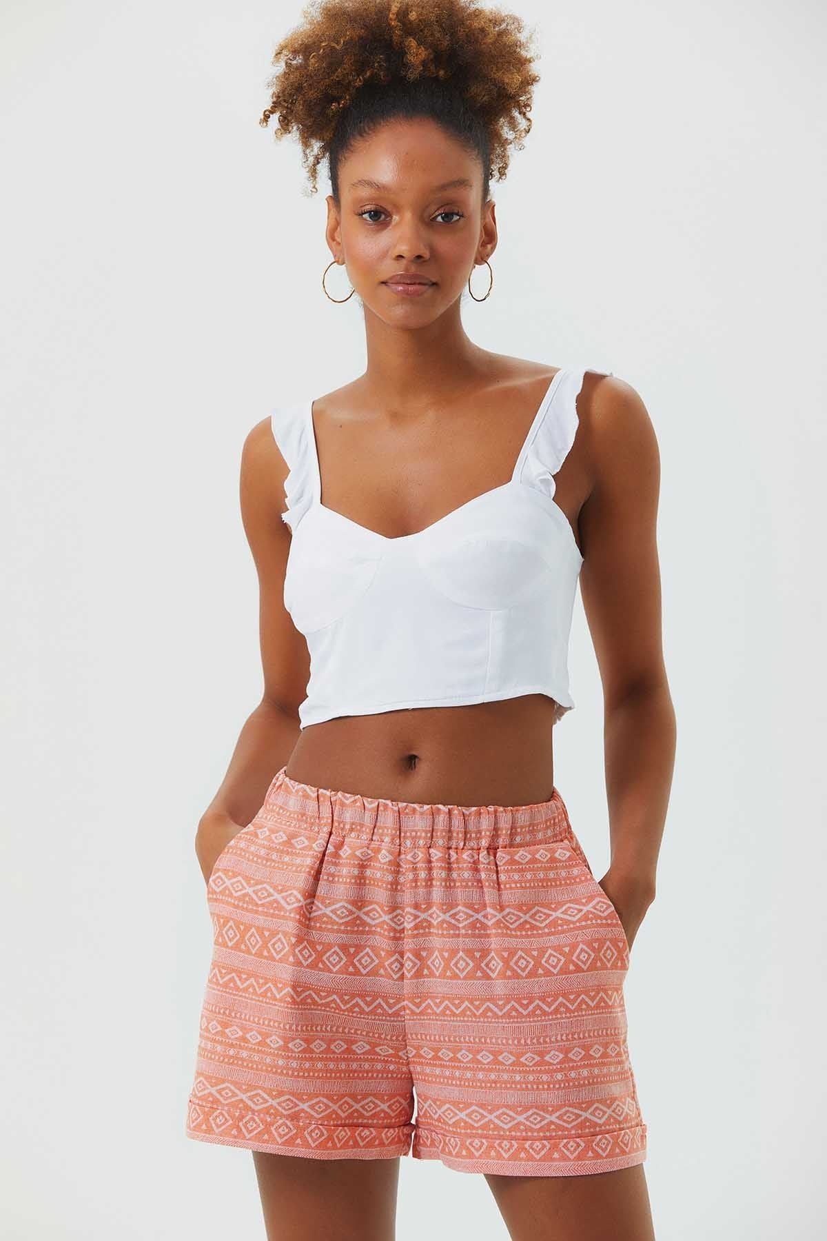 Elastic Waist Ethnic Women's Shorts Orange