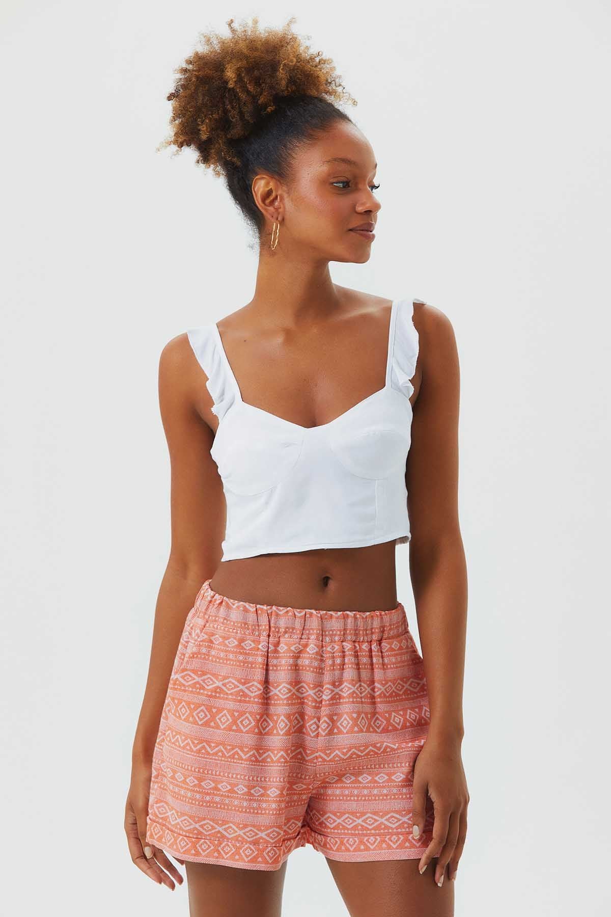 Elastic Waist Ethnic Women's Shorts Orange