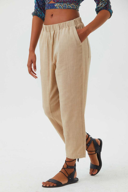 Wide Cut Single Shade Boho Women's Pants Beige