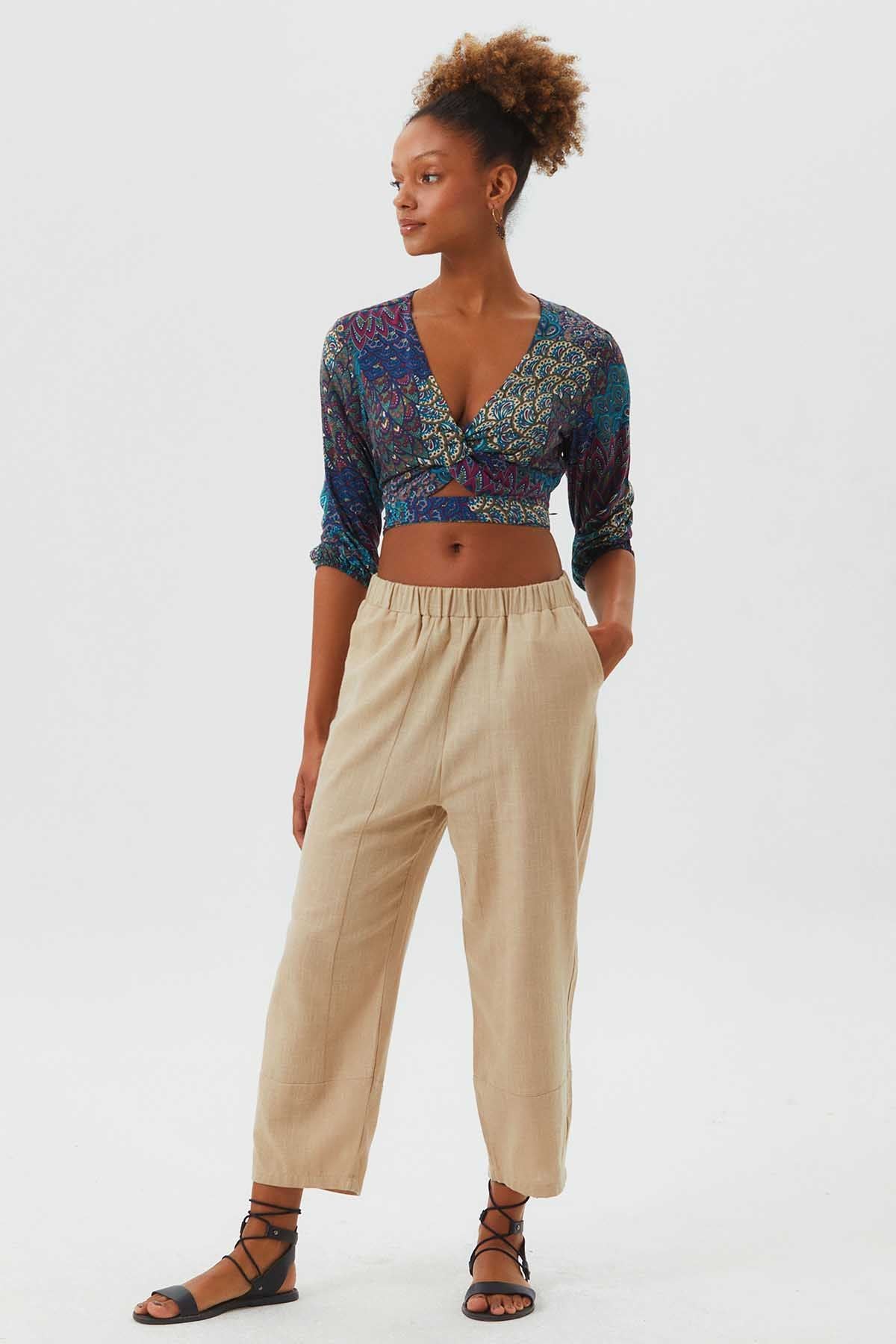 Wide Cut Single Shade Boho Women's Pants Beige