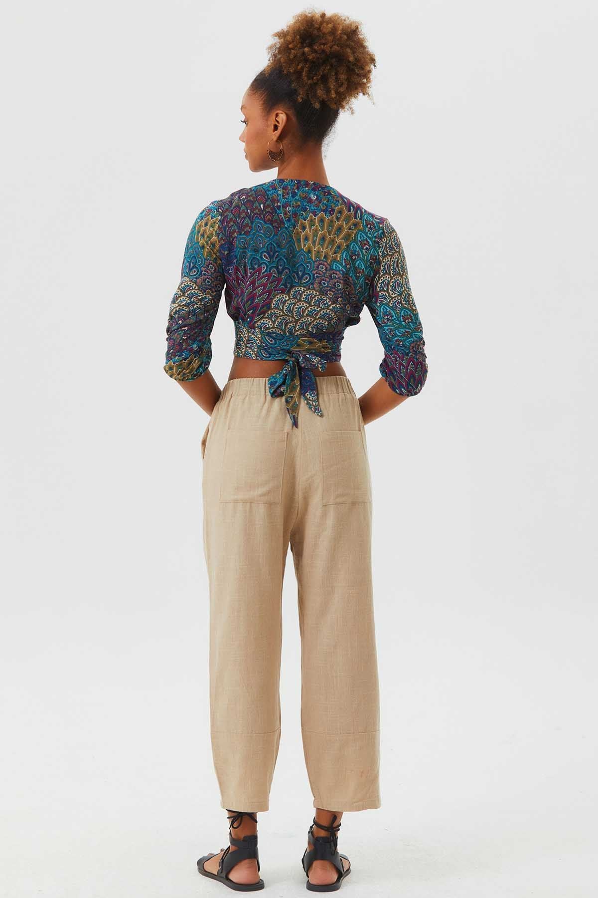 Wide Cut Single Shade Boho Women's Pants Beige